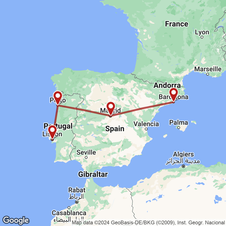 Route for Barcelona, Madrid, Porto, Lisbon tour